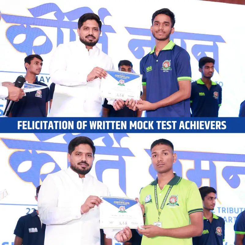 At Kirti Naman, written mock test toppers were awarded merit certificates for their outstanding performance, recognizing their hard work, dedication, and confidence as they move closer to achieving their NDA dreams.